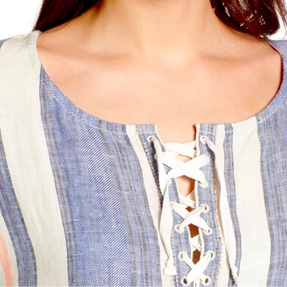 Caslon Striped Lace Up Shift  oversized Dress, lace up 3/4 front, short dolman - Picture 3 of 10